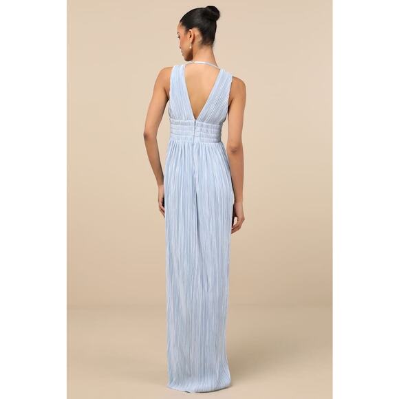 NWT Lulus Melitta Light Blue Plisse Sash Maxi Dress Wedding Bridesmaid Size L - Picture 3 of 9